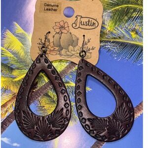 Justin Genuine Leather Teardrop Earrings Western Style Brown Dangle